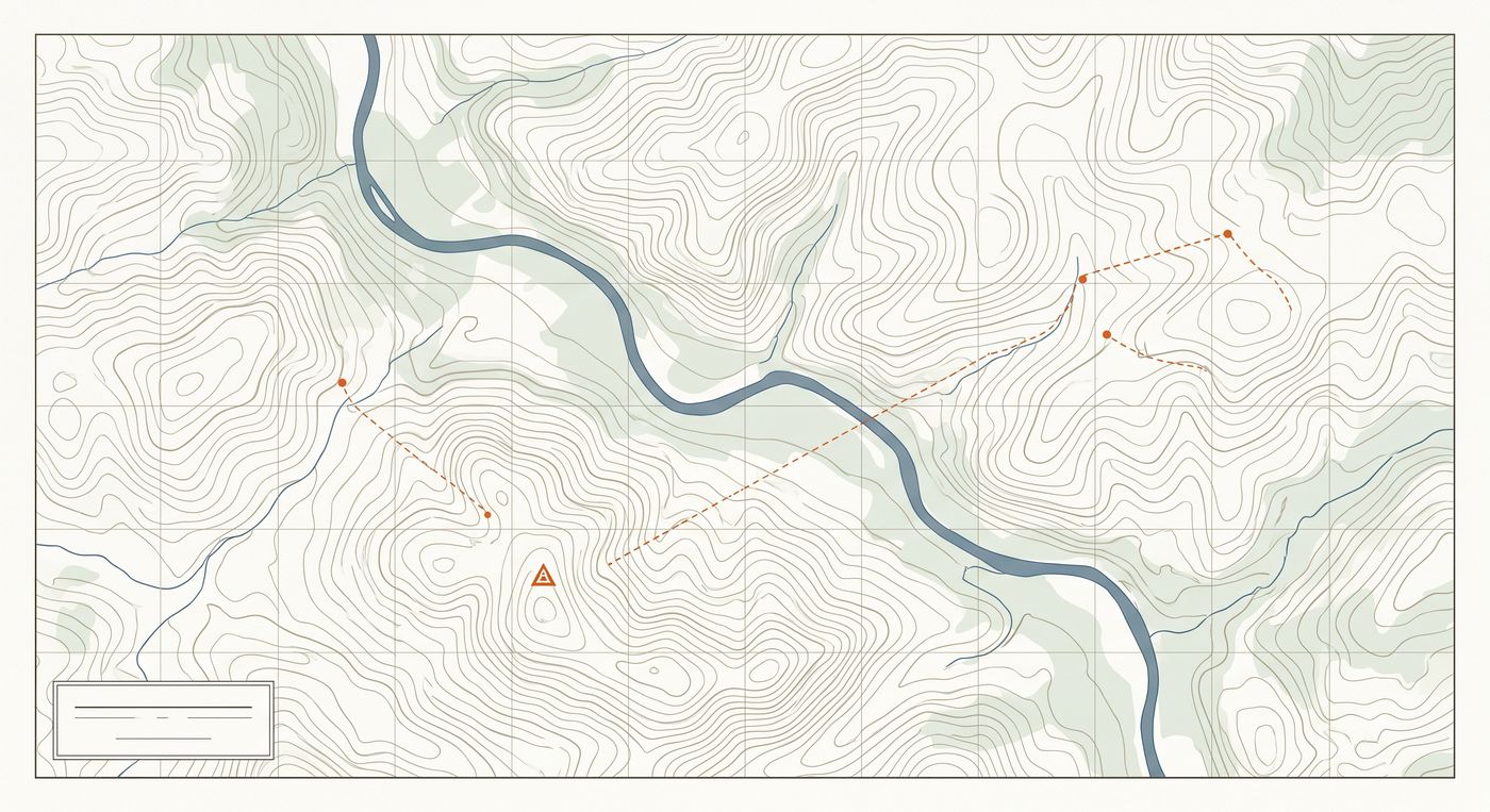 A topographic quad-sheet style map with contour lines, a river, and orange survey markers connected by a dashed route