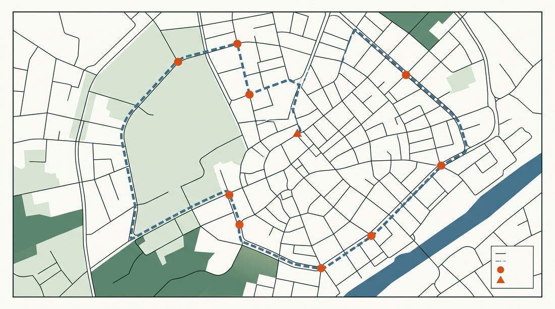 A city map with seven orange stops connected by an optimized dashed route loop