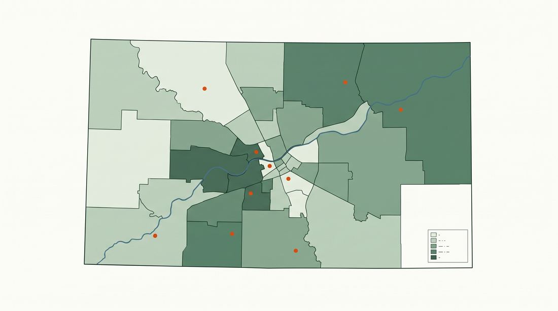 A county choropleth with tracts shaded in greens and orange location markers