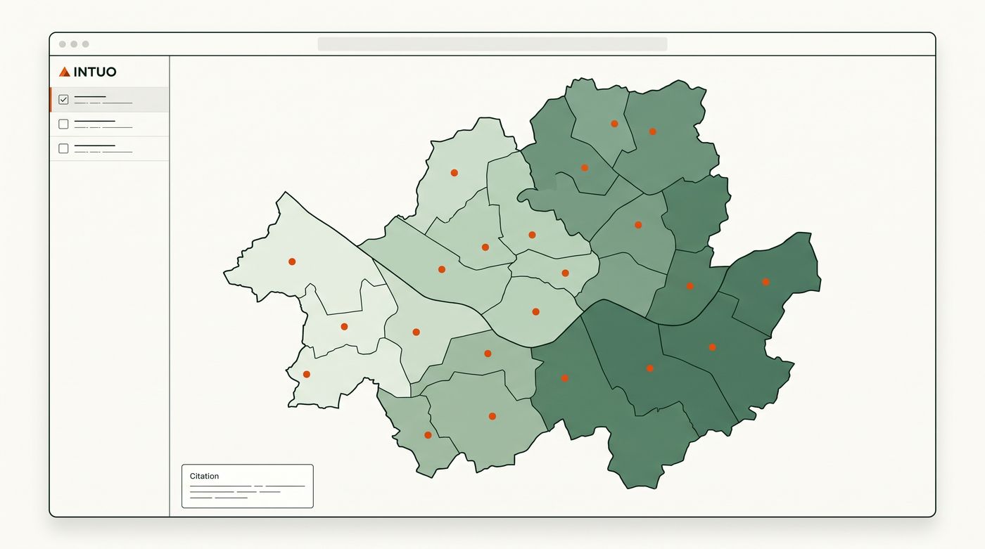 The Intuo web app showing districts shaded by member count with orange member markers and a citation box