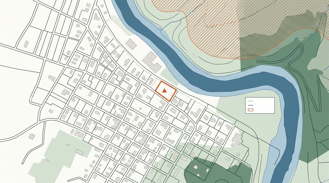 A neighborhood hazard map showing a river flood zone and a hatched wildfire zone with one parcel highlighted in orange